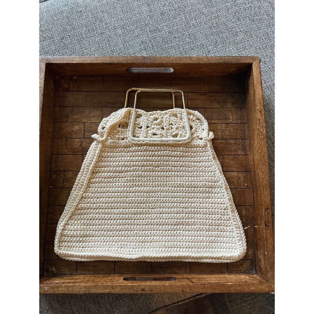 Vintage Cream Crochet Handbag Gold Metal Top Handle Boho Macrame Knit Tote Bag